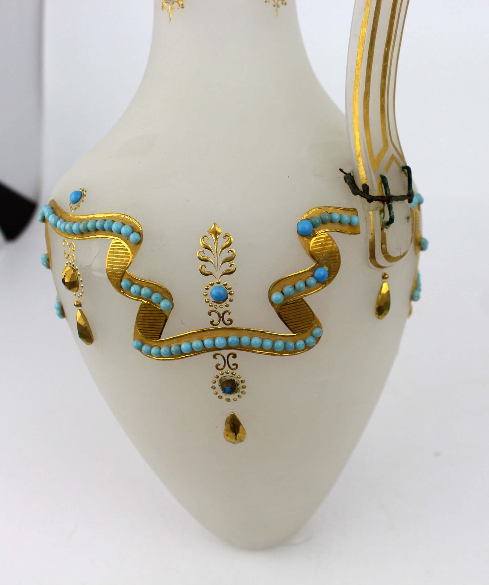 Antique French Bejewelled Turquoise Opaline Ewer A/F - 4