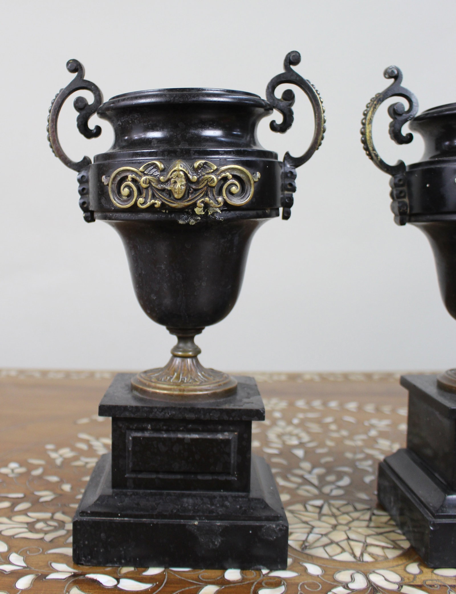 Pair of French Bronze and Marble Urns - 2