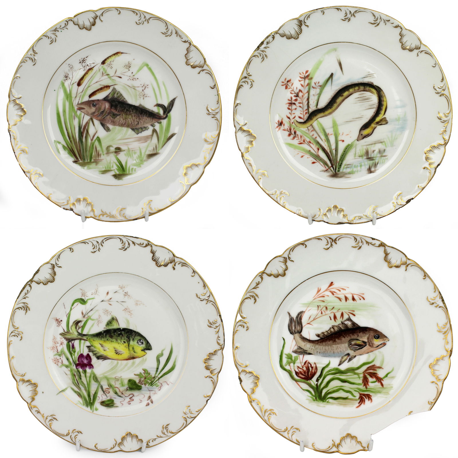 Set of 4 Edwardian Hand Painted Fish Plates, Signed Wolly Fowkes 1903 (1 of 18)
