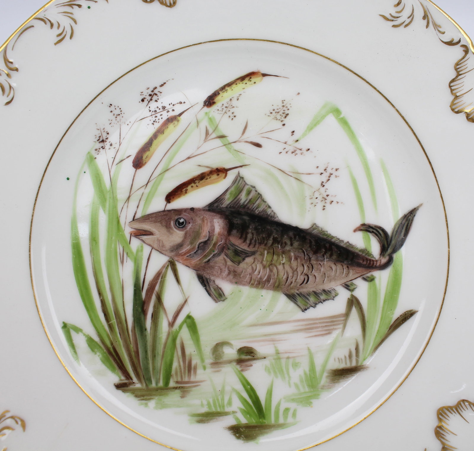 Set of 4 Edwardian Hand Painted Fish Plates, Signed Wolly Fowkes 1903 - 3