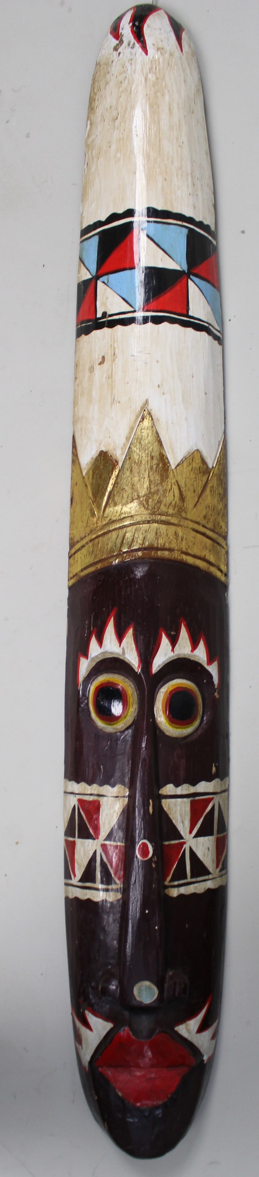 Hand Painted African Tribal Mask Art: Title: Hand Painted African Tribal Mask Art Description: Large Hand-Painted African Tribal Style Wall Mask Decorative vintage mask with geometric and facial detail A striking and tall