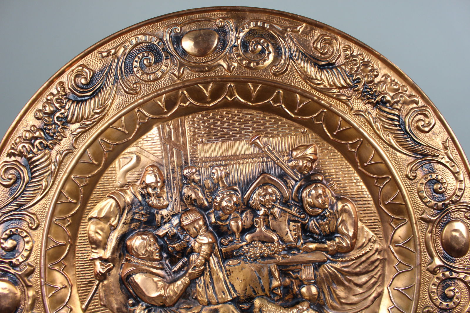 Large English Embossed Copper Tavern Scene Wall Charger - 2