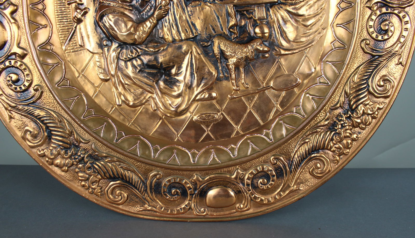 Large English Embossed Copper Tavern Scene Wall Charger - 3