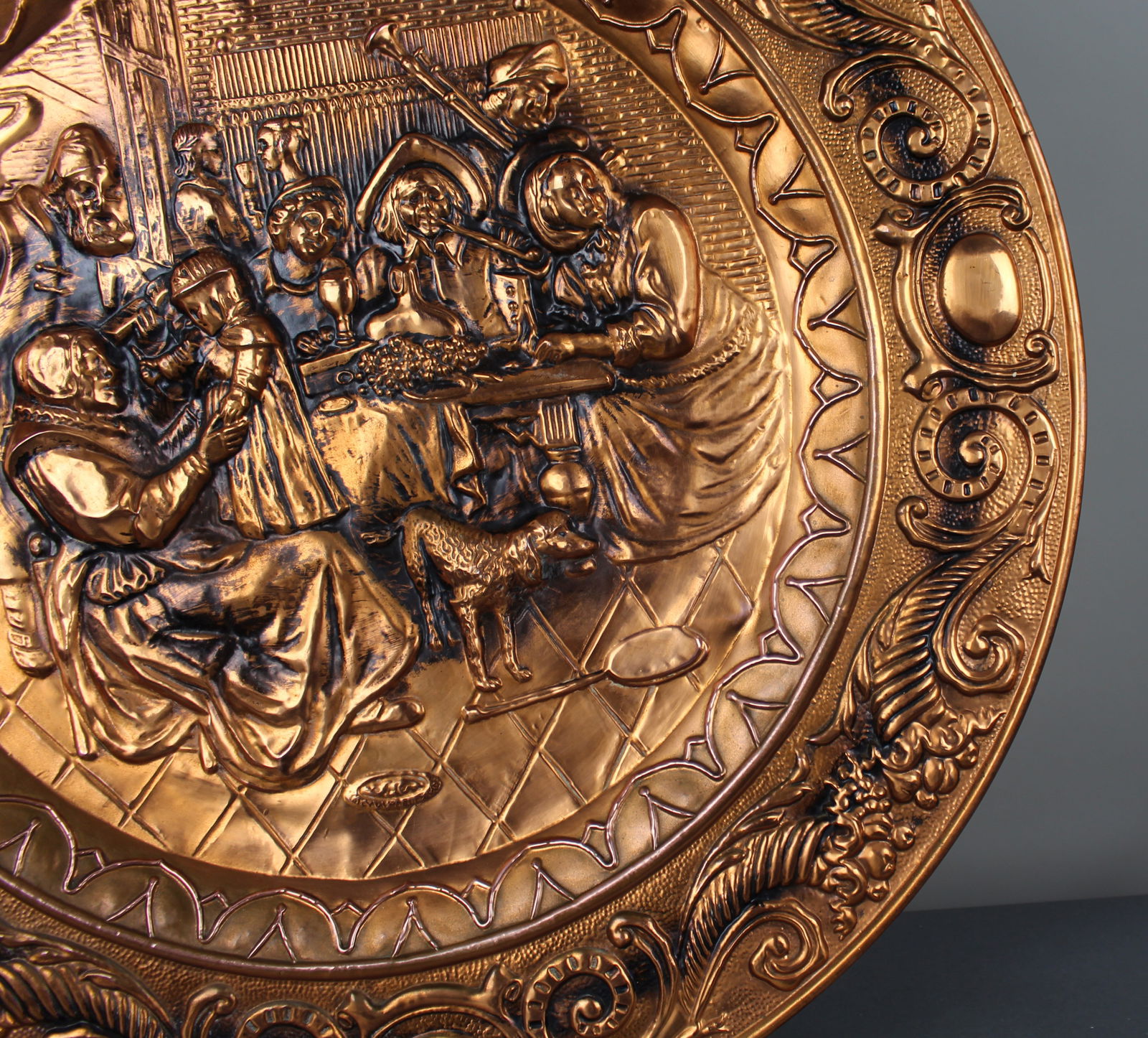 Large English Embossed Copper Tavern Scene Wall Charger - 4