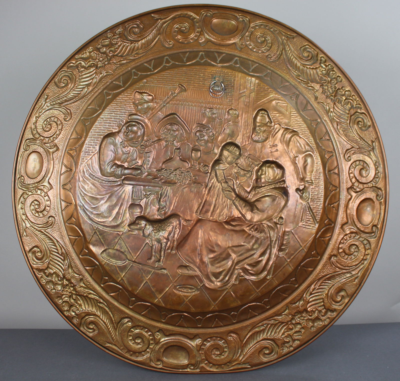 Large English Embossed Copper Tavern Scene Wall Charger - 5