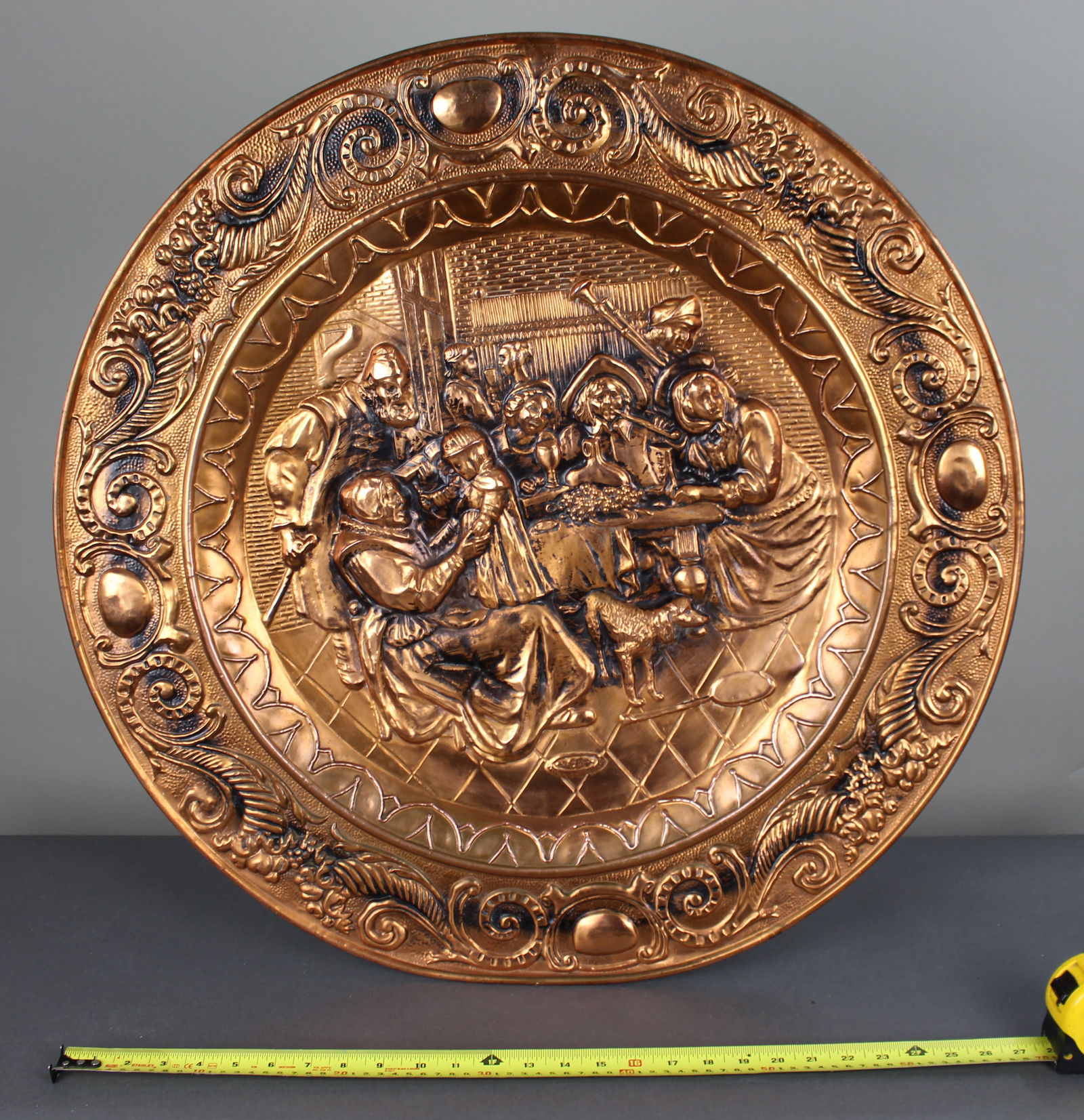 Large English Embossed Copper Tavern Scene Wall Charger - 7