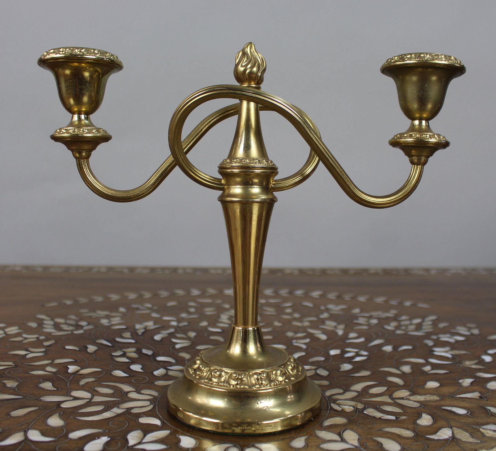Vintage Gold-Plated Twin-Branch Candelabra: Title: Vintage Gold-Plated Twin-Branch Candelabra Description: Vintage Gold-Plated Twin-Branch Candelabrum A stylish vintage gold-plated two-branch candelabrum by Galanthe of England, crafted in