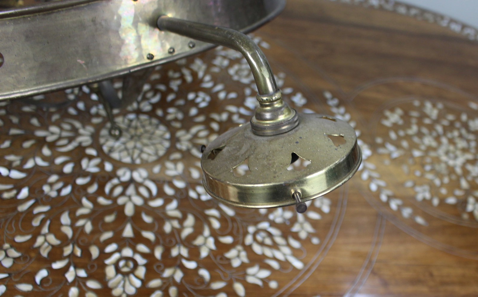 Antique Gothic Revival Brass Three-Light Gasolier with Opalescent Glass Shades, circa 1900 - 10