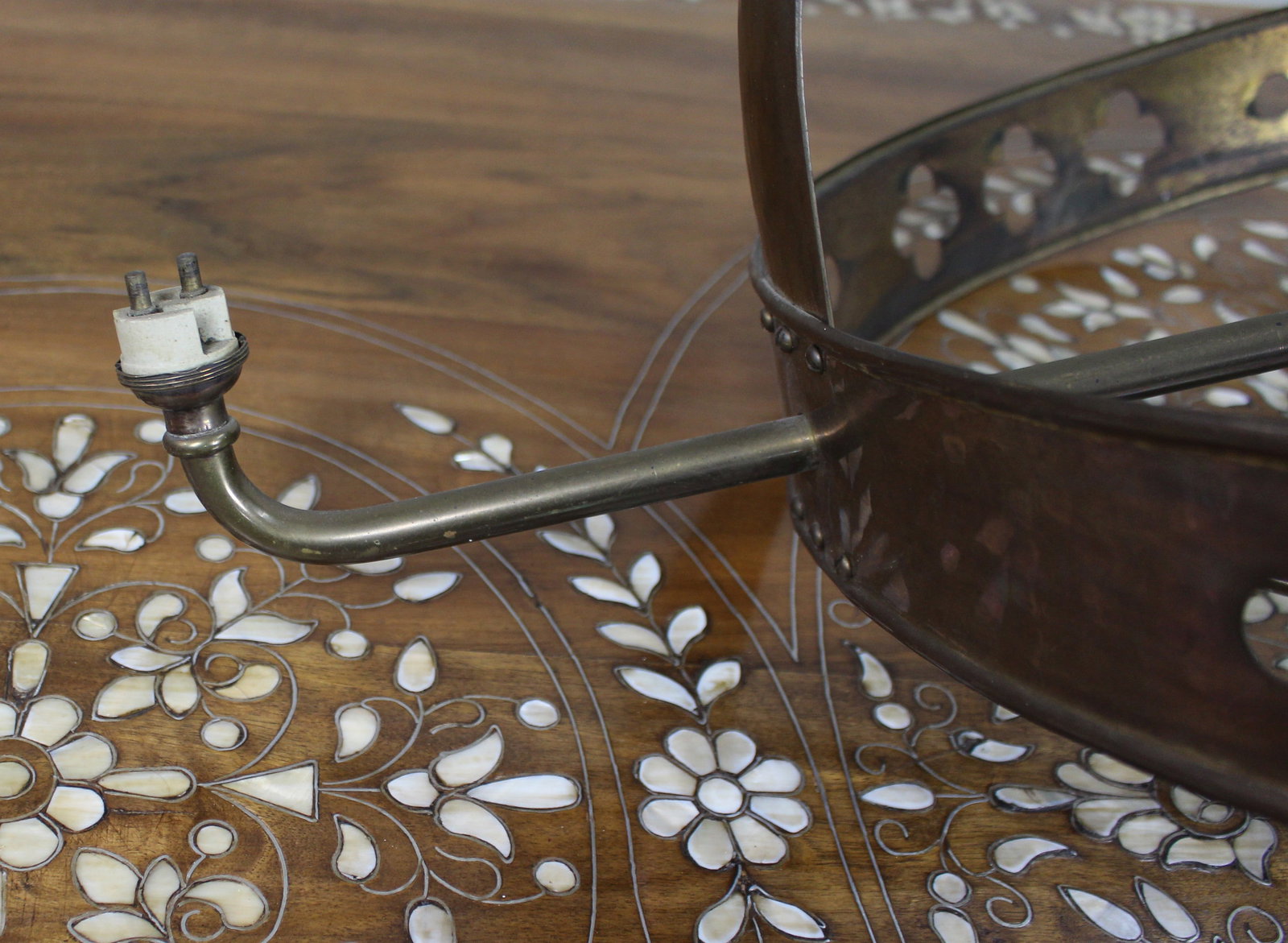 Antique Gothic Revival Brass Three-Light Gasolier with Opalescent Glass Shades, circa 1900 - 11