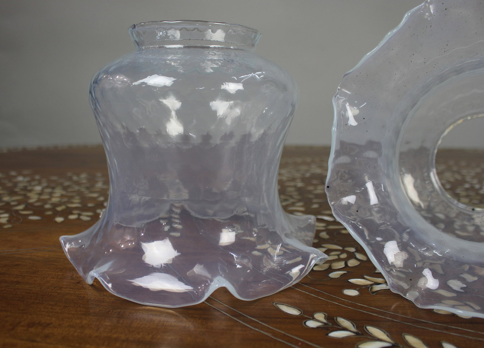 Antique Gothic Revival Brass Three-Light Gasolier with Opalescent Glass Shades, circa 1900 - 15