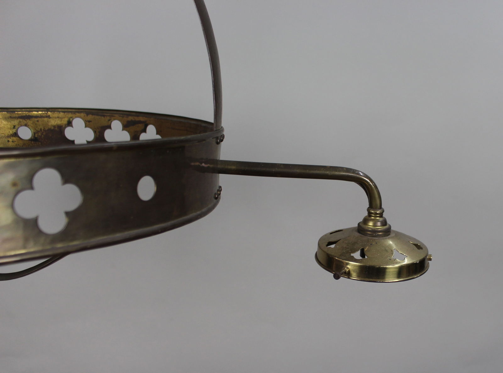 Antique Gothic Revival Brass Three-Light Gasolier with Opalescent Glass Shades, circa 1900 - 2