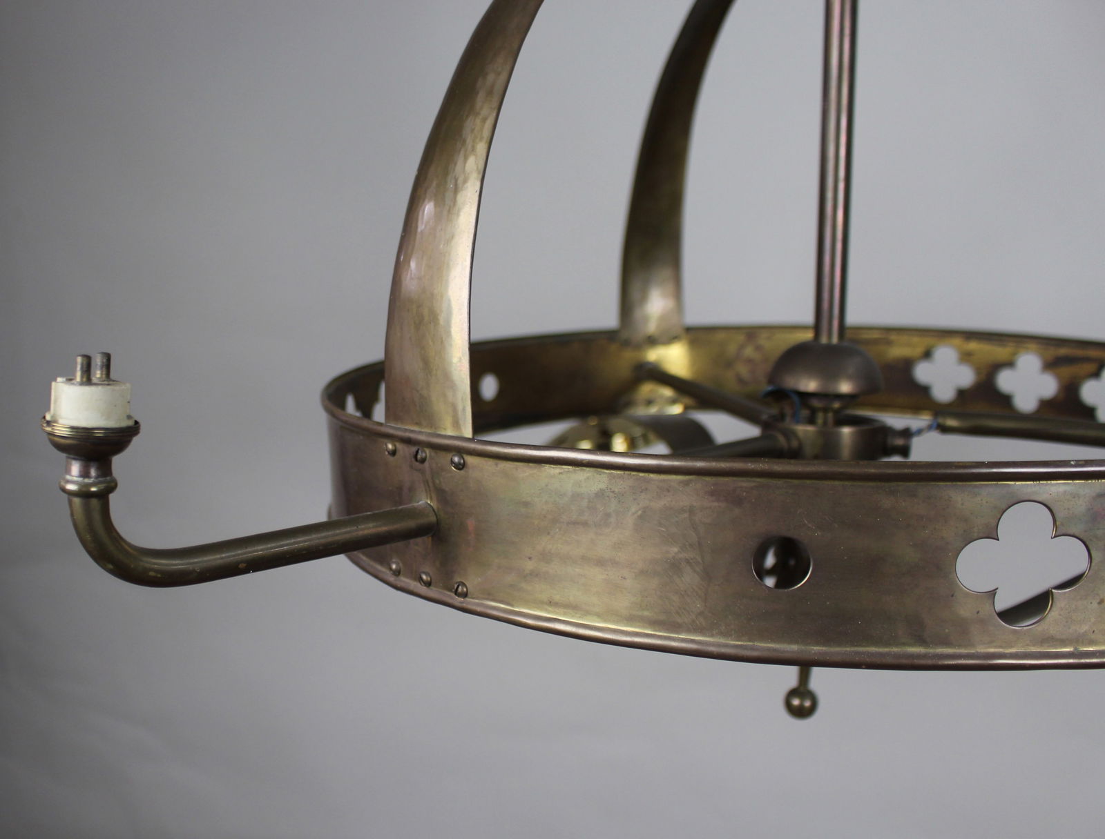 Antique Gothic Revival Brass Three-Light Gasolier with Opalescent Glass Shades, circa 1900 - 3