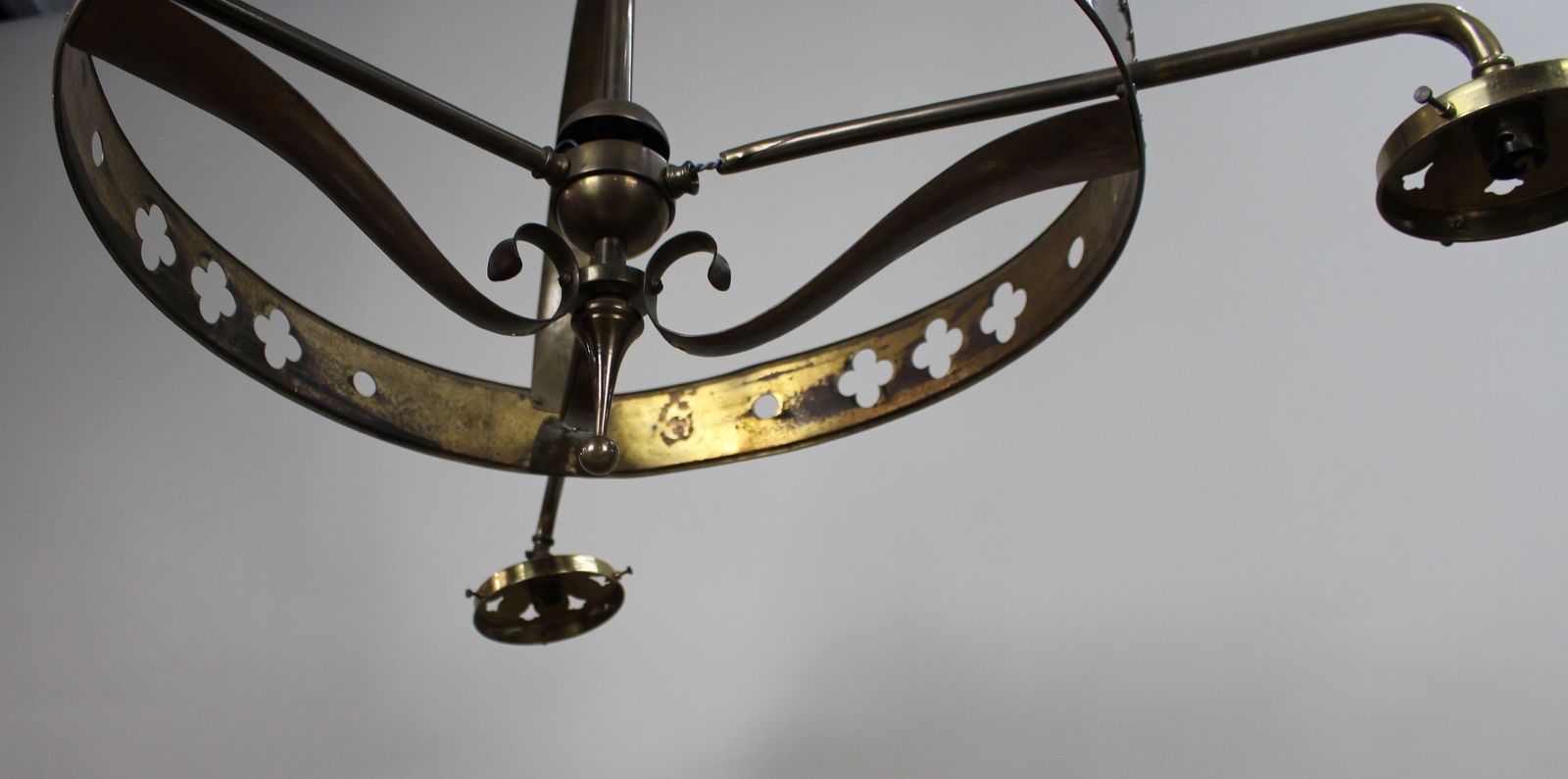 Antique Gothic Revival Brass Three-Light Gasolier with Opalescent Glass Shades, circa 1900 - 4