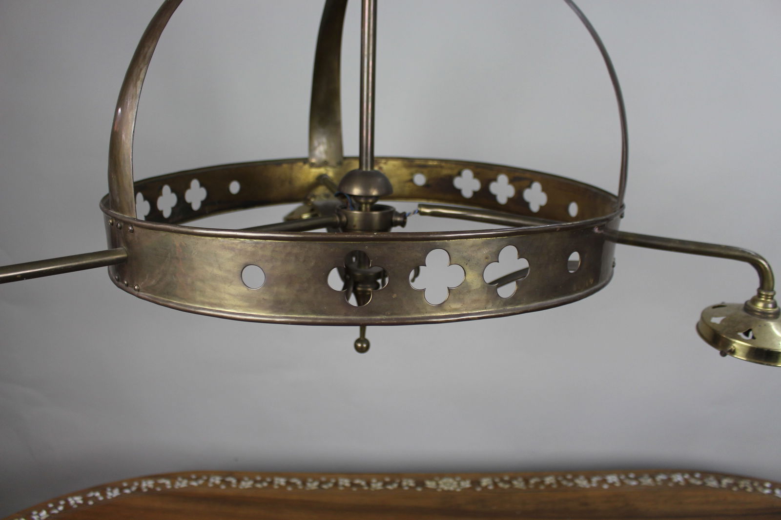 Antique Gothic Revival Brass Three-Light Gasolier with Opalescent Glass Shades, circa 1900 - 5