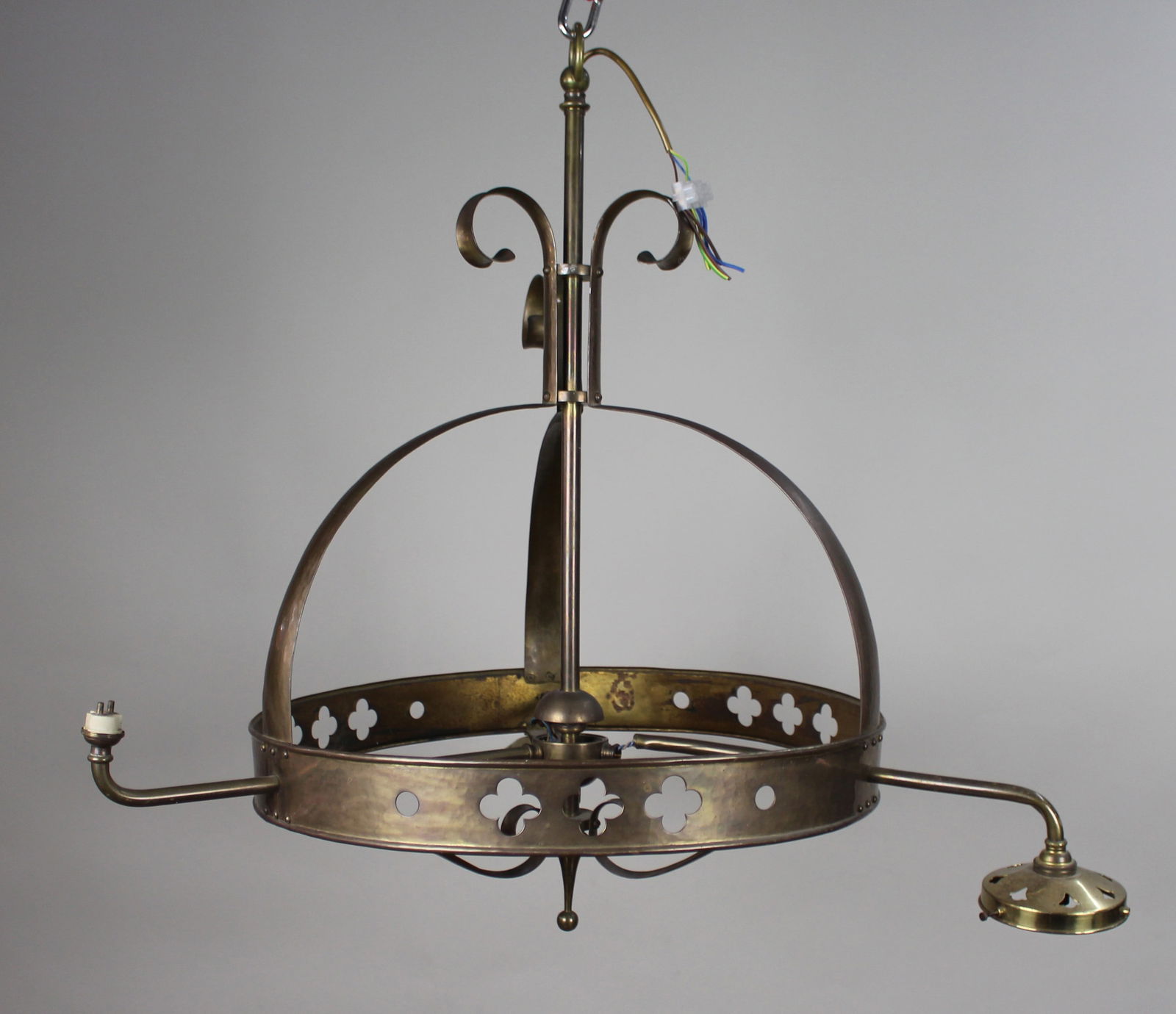Antique Gothic Revival Brass Three-Light Gasolier with Opalescent Glass Shades, circa 1900 - 6
