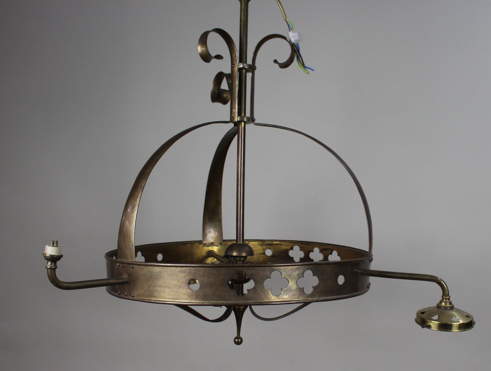 Antique Gothic Revival Brass Three-Light Gasolier with Opalescent Glass Shades, circa 1900 - 7