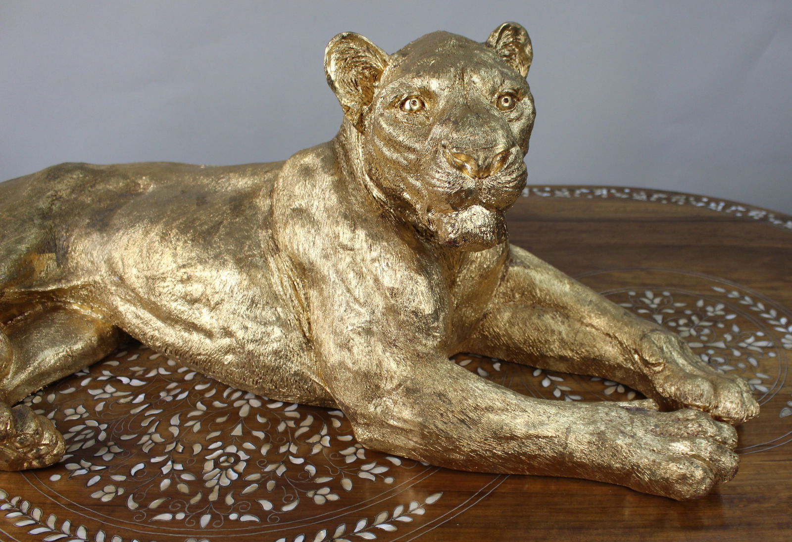 Large Reclining Lioness Sculpture Resin with Hand-Applied Gold Leaf Finish - 3
