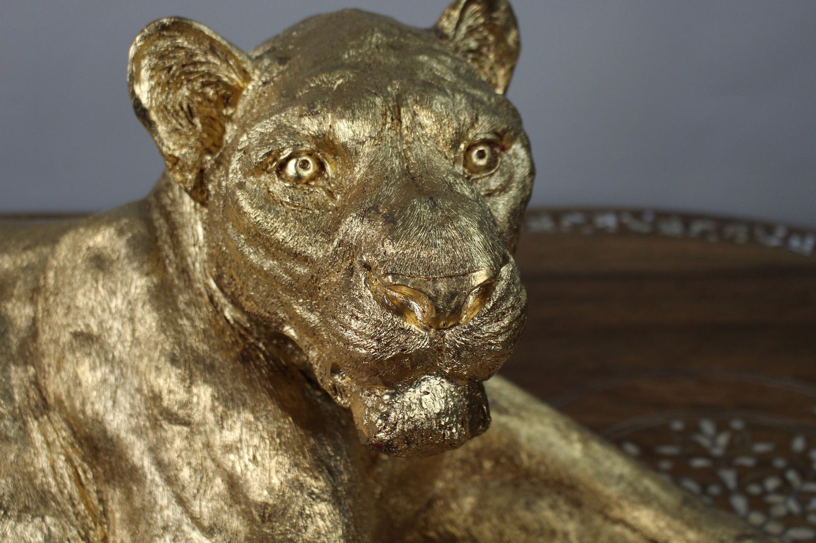 Large Reclining Lioness Sculpture Resin with Hand-Applied Gold Leaf Finish - 4