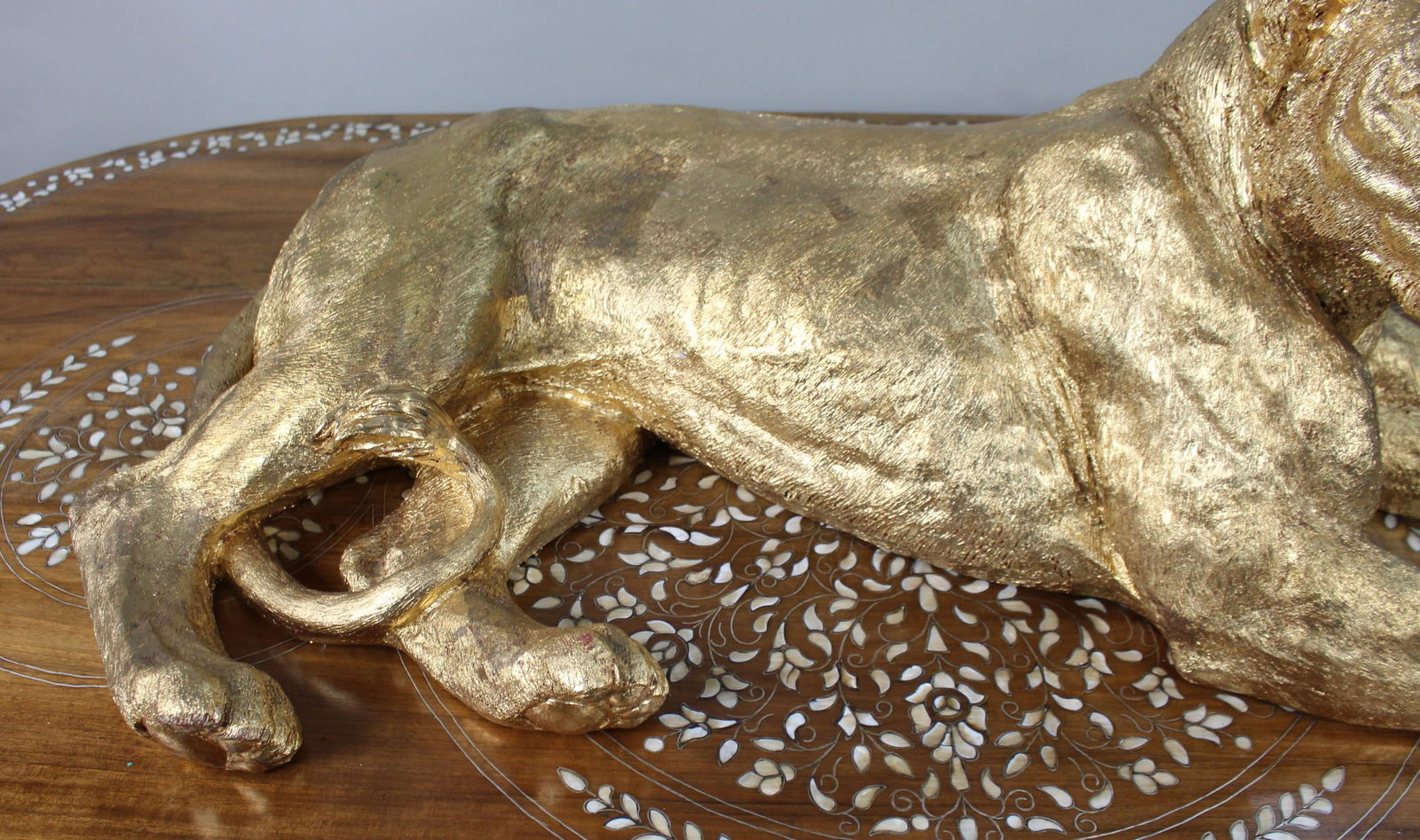 Large Reclining Lioness Sculpture Resin with Hand-Applied Gold Leaf Finish - 5