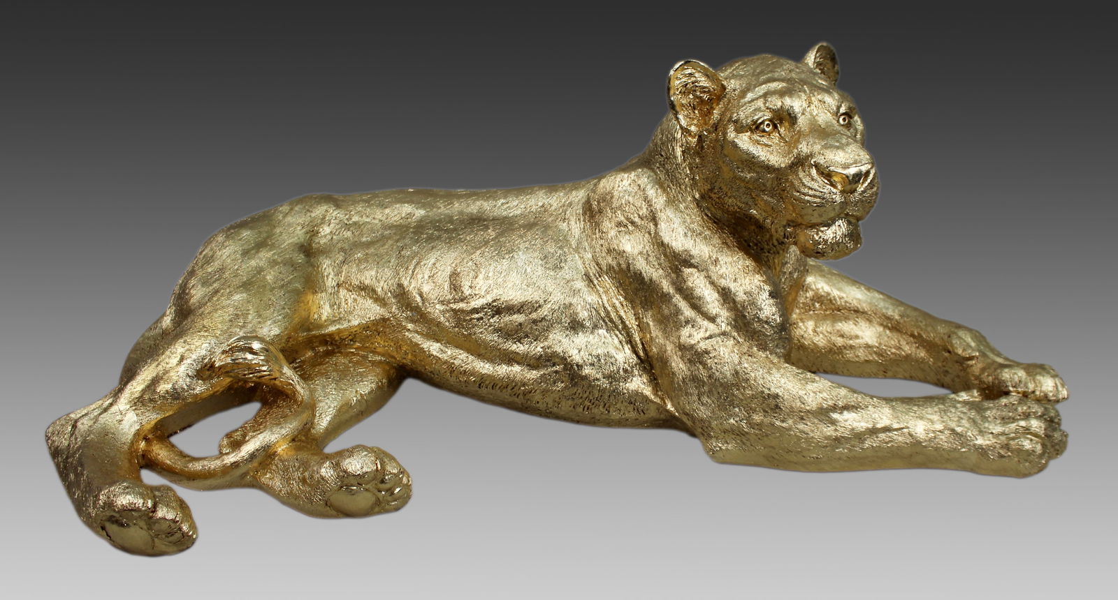 Large Reclining Lioness Sculpture Resin with Hand-Applied Gold Leaf Finish - 7