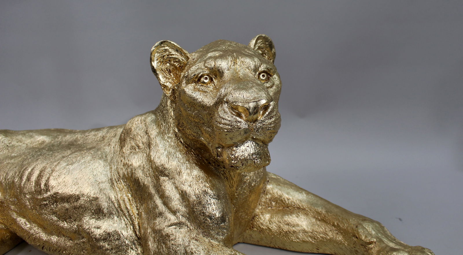 Large Reclining Lioness Sculpture Resin with Hand-Applied Gold Leaf Finish - 8