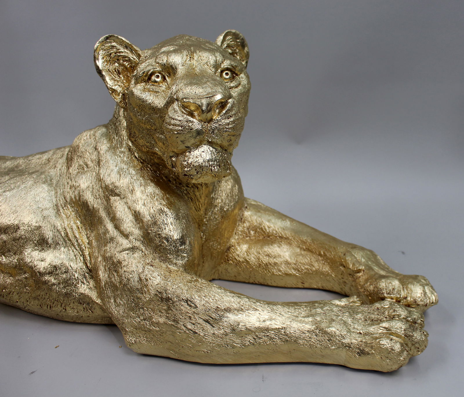 Large Reclining Lioness Sculpture Resin with Hand-Applied Gold Leaf Finish - 9