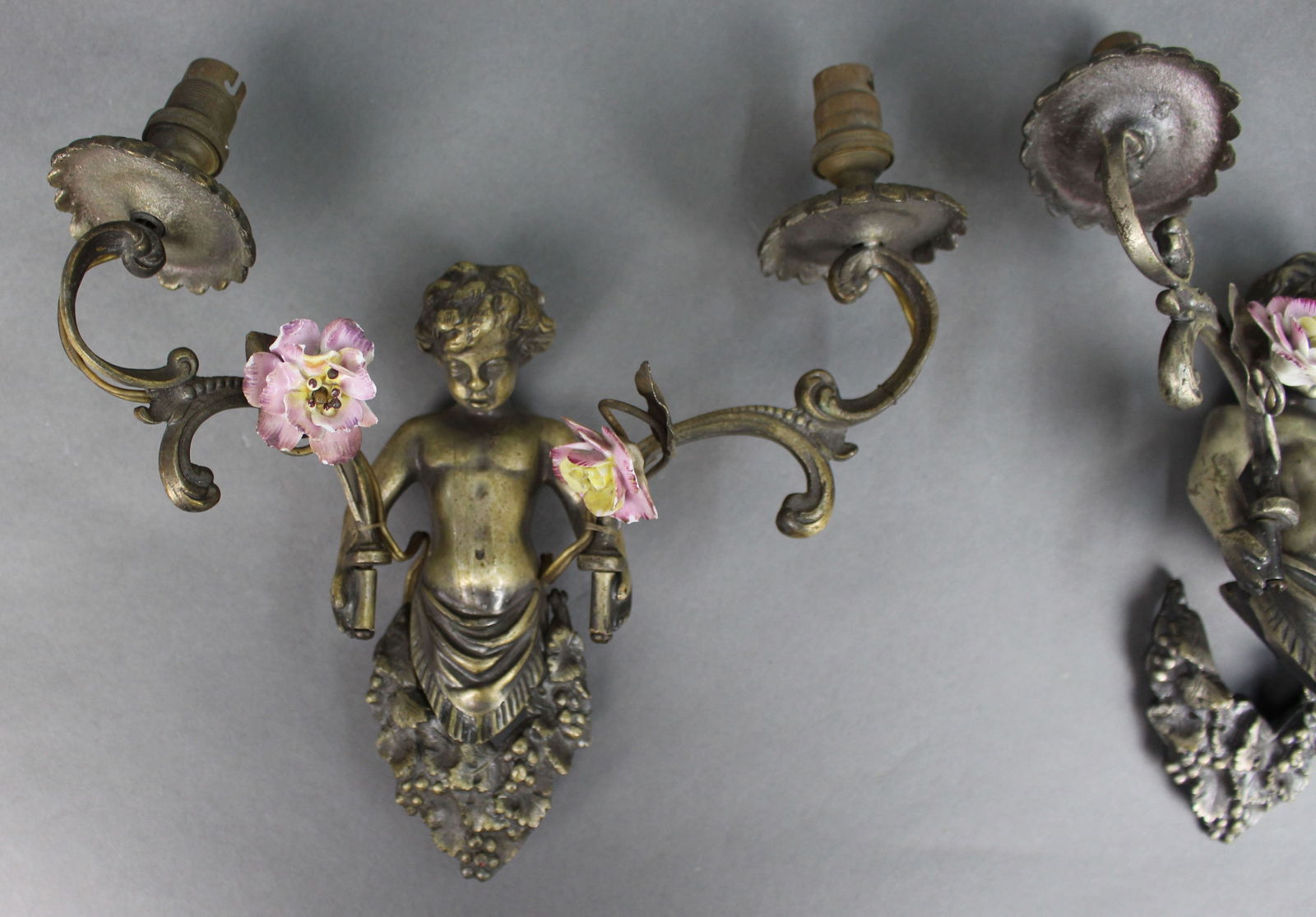 Pair of Antique French Style Cherub Wall Sconces with Porcelain Flowers - 2