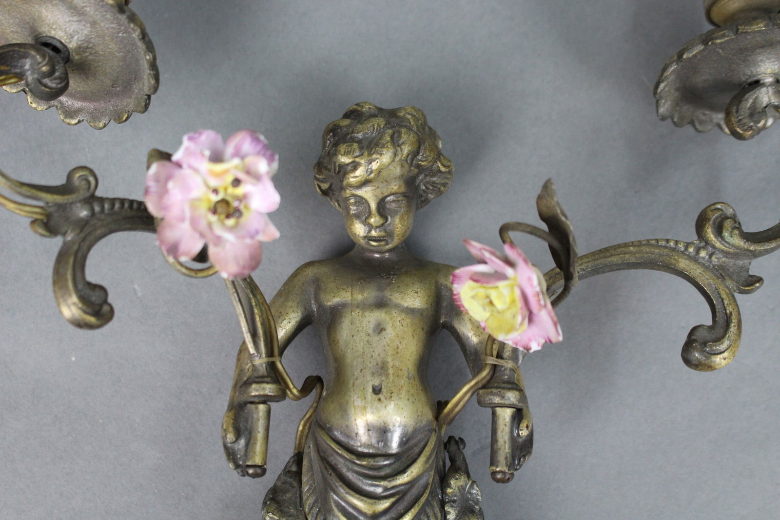 Pair of Antique French Style Cherub Wall Sconces with Porcelain Flowers - 3