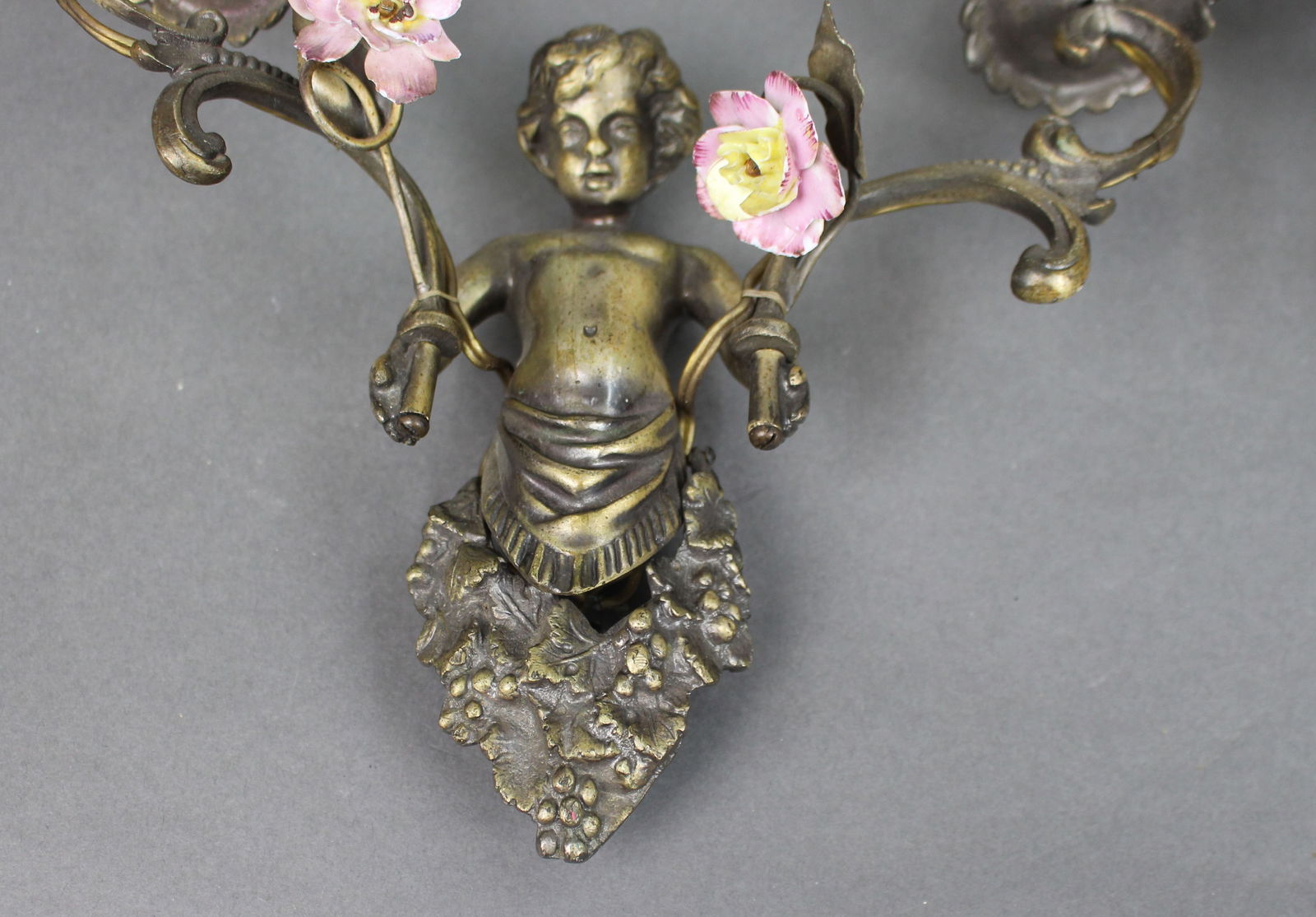 Pair of Antique French Style Cherub Wall Sconces with Porcelain Flowers - 4