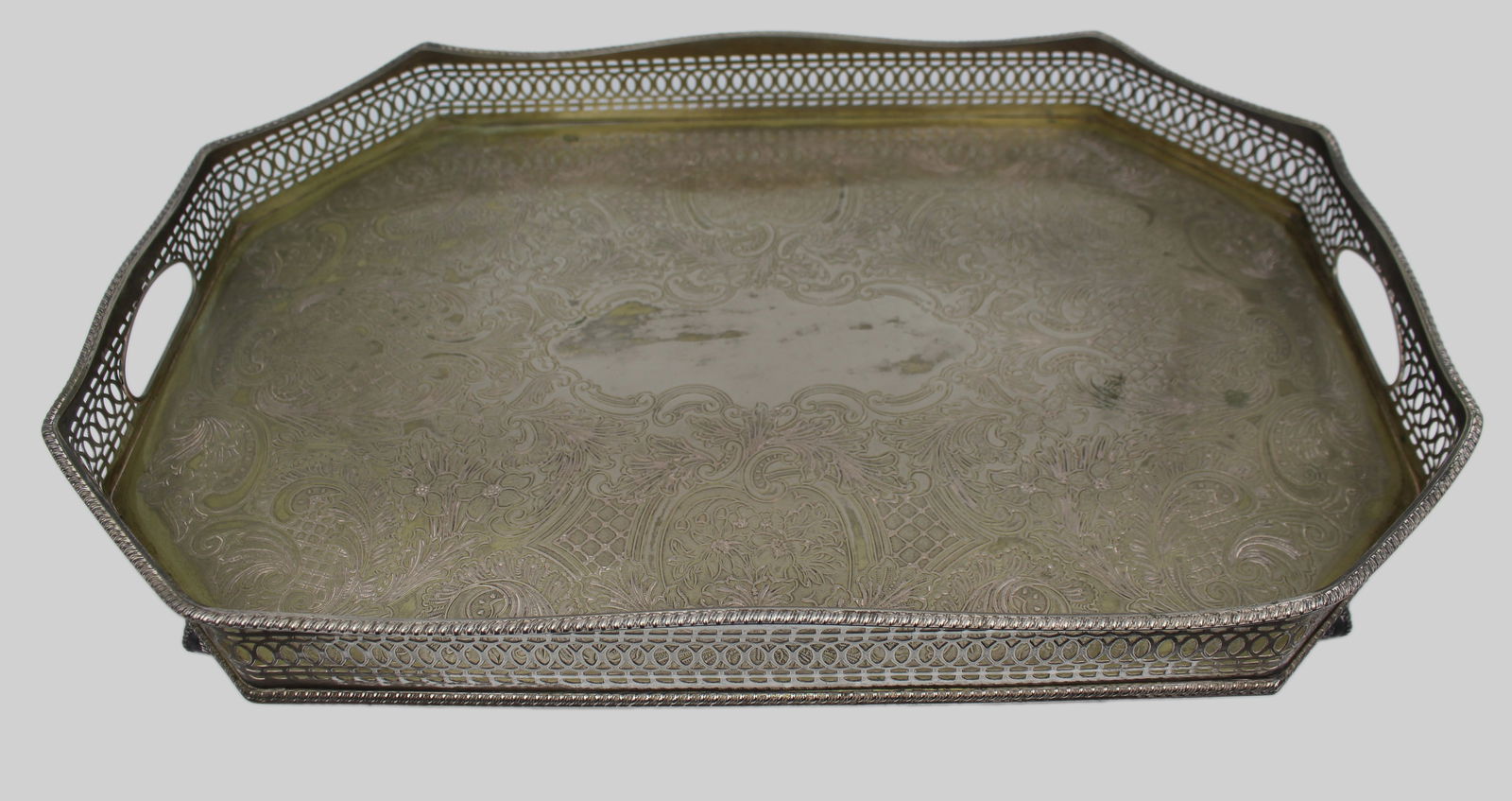 Large Vintage Silver Plated Tray: Title: Large Vintage Silver Plated Tray Description: Large Vintage Silver-Plated Serving Tray – Sheffield, England A large rectangular vintage silver-plated serving tray with