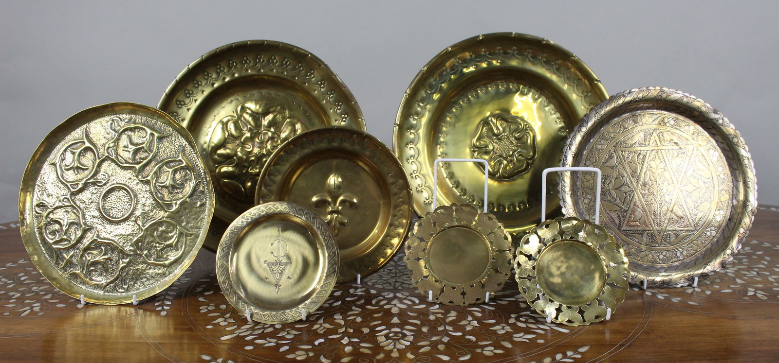 Collection of 8 Antique Brass Wall Chargers & Plates - 2