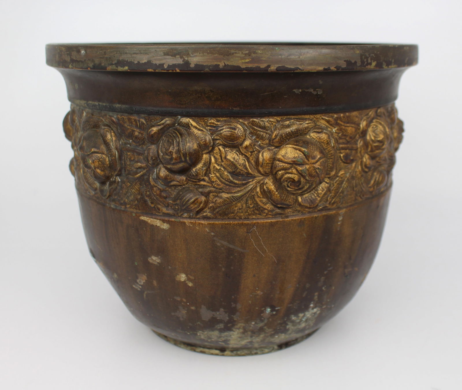 Antique Chinese Gilt Bronze Cachepot with Floral Relief - 2