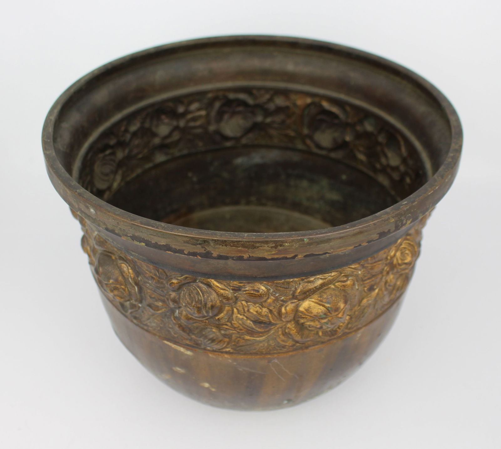 Antique Chinese Gilt Bronze Cachepot with Floral Relief - 3