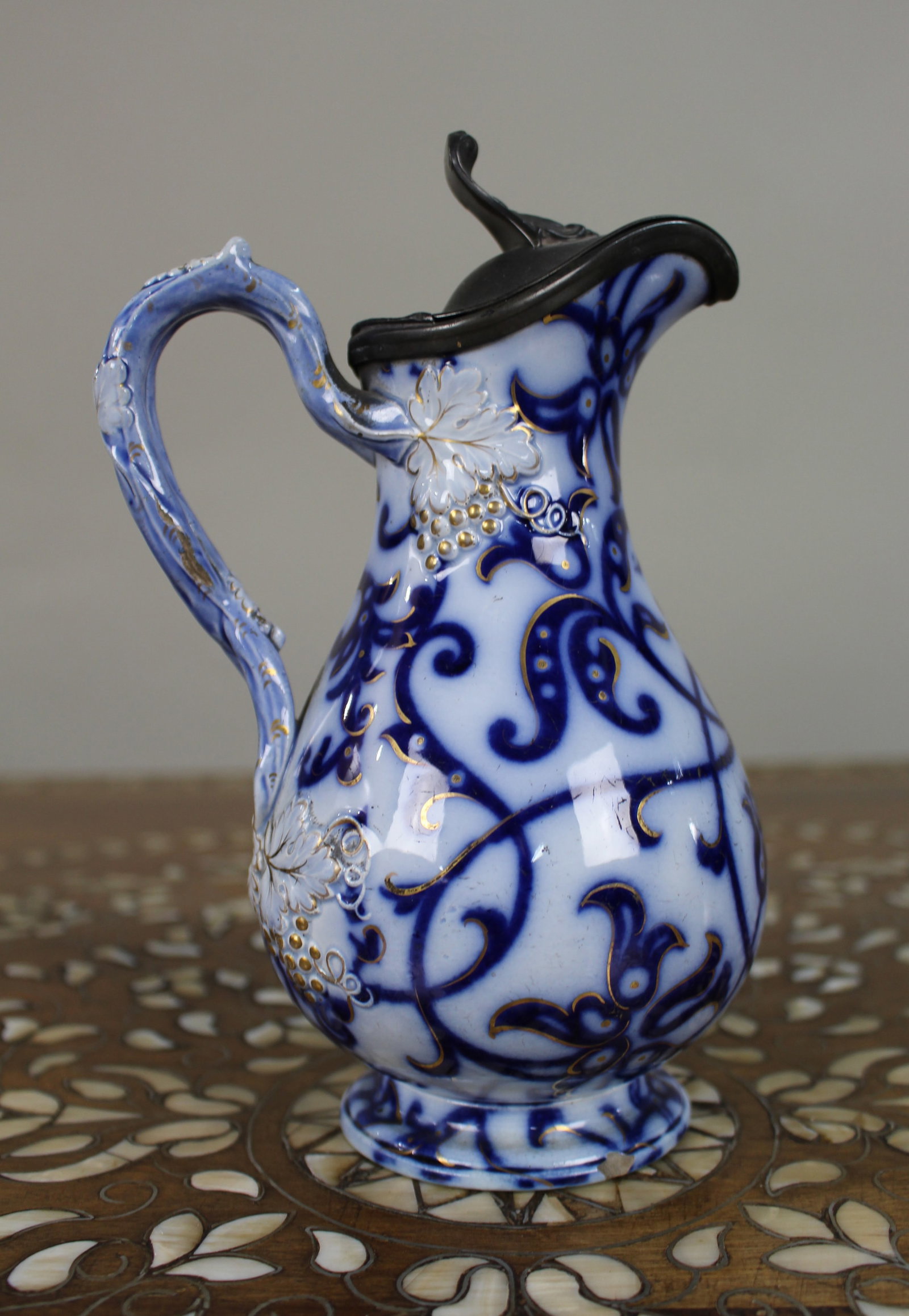 Victorian Flow Blue Relief-Moulded Jug with Pewter Lid, c.1850 - 5