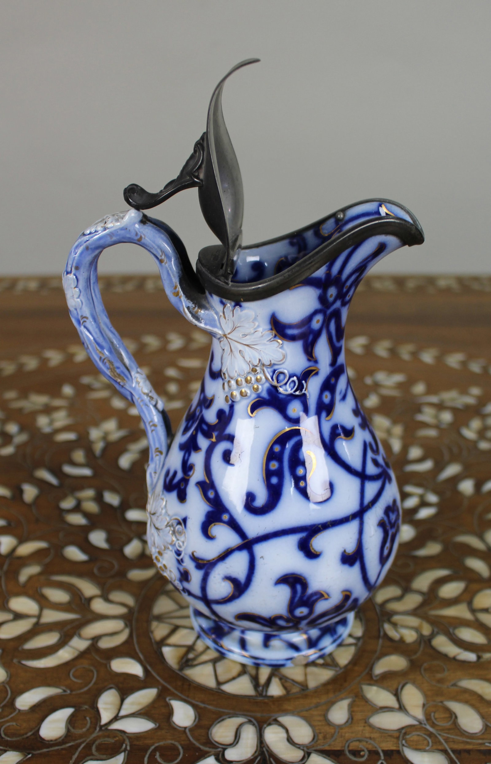 Victorian Flow Blue Relief-Moulded Jug with Pewter Lid, c.1850 - 8