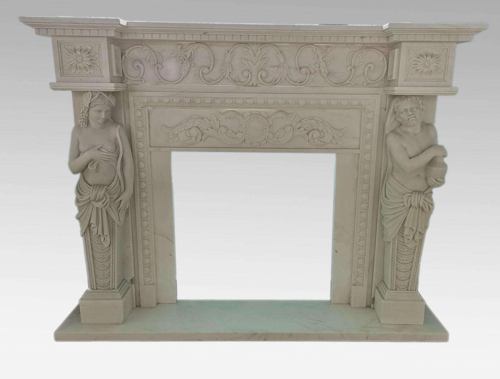 Carved White Marble Fire Surround with Caryatid Figures: Title: Carved White Marble Fire Surround with Caryatid Figures Description: Fine Carved White Marble Fire Surround with Caryatid Figures The whole newly made from carved marble as a one-off