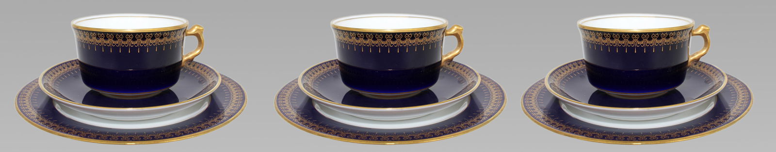 Set of 3 Romanov Collection Cobalt Blue Trios: Title: Set of 3 Romanov Collection Cobalt Blue Trios Description: Set of 3 Romanov Collection Cobalt Blue Trios Marked to the underside ""Romanov Collection – Genuine Cobalt."" Likely