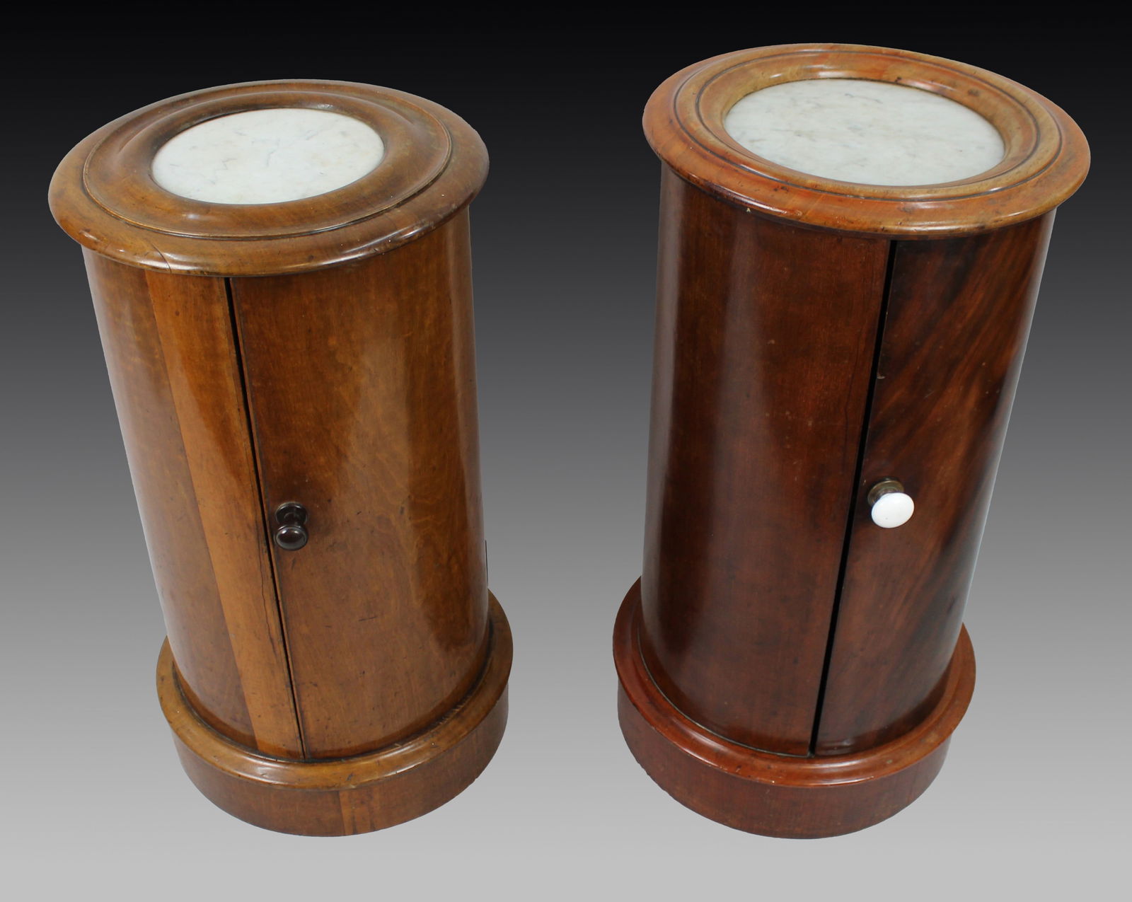 Pair of Victorian Marble Topped Cylindrical Mahogany Pot Cupboards - 2