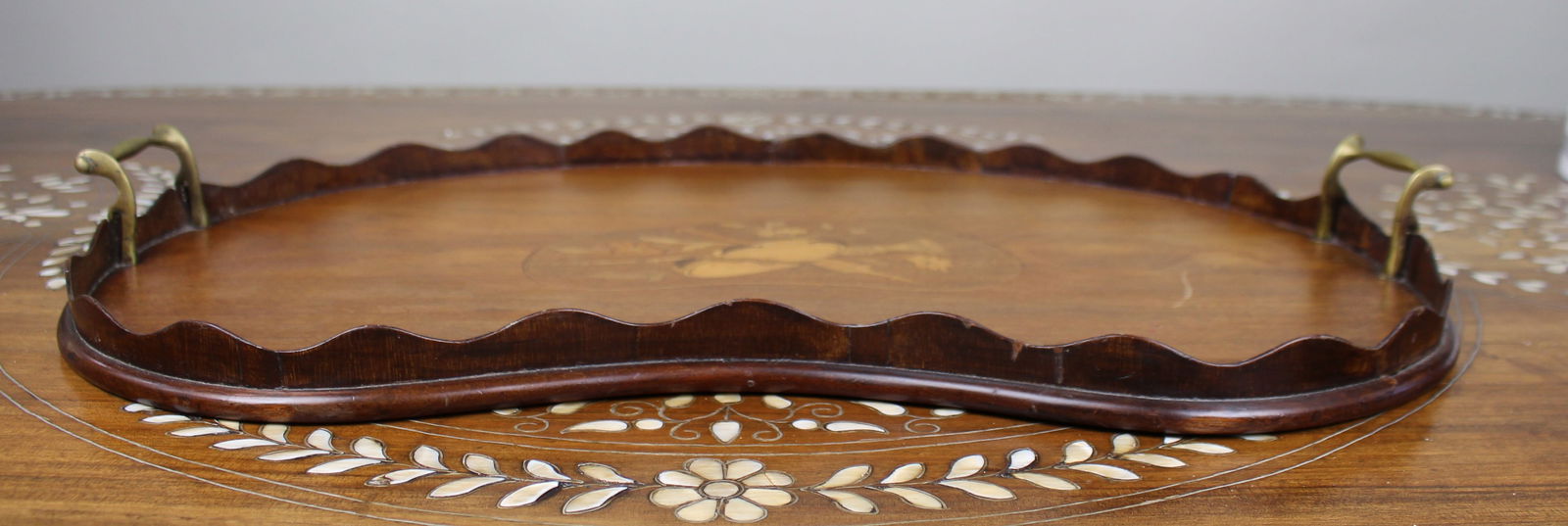 Antique Inlaid Wooden Tray with Brass Handles - 2