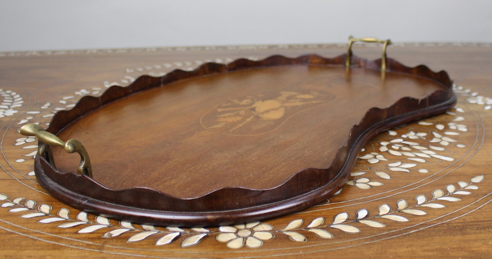 Antique Inlaid Wooden Tray with Brass Handles - 3