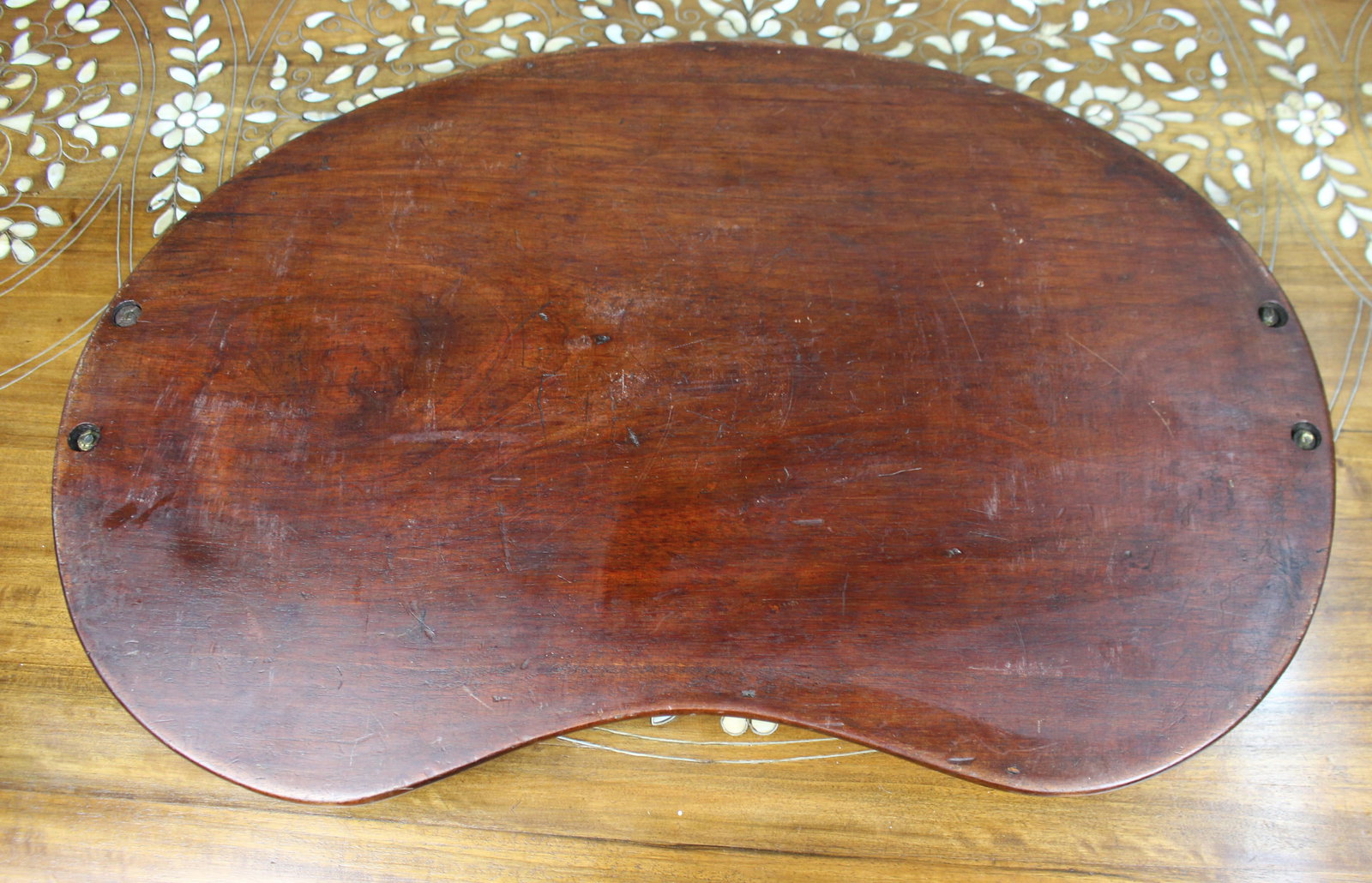 Antique Inlaid Wooden Tray with Brass Handles - 5