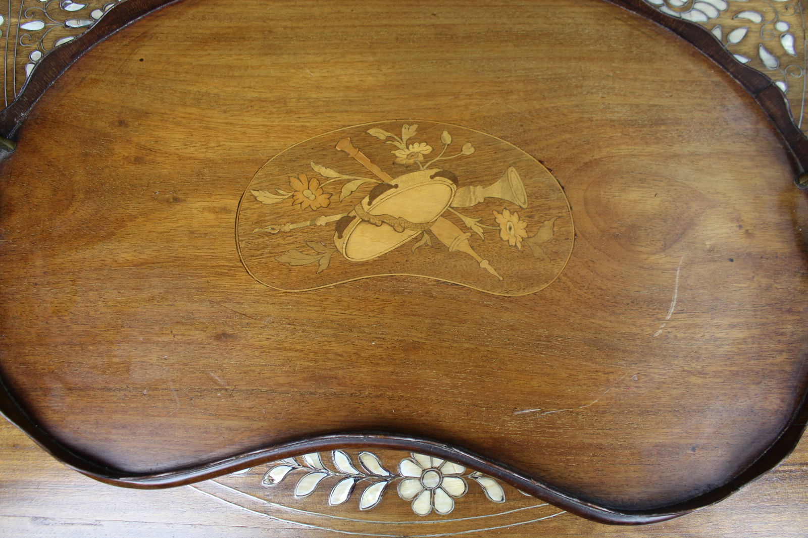 Antique Inlaid Wooden Tray with Brass Handles - 7