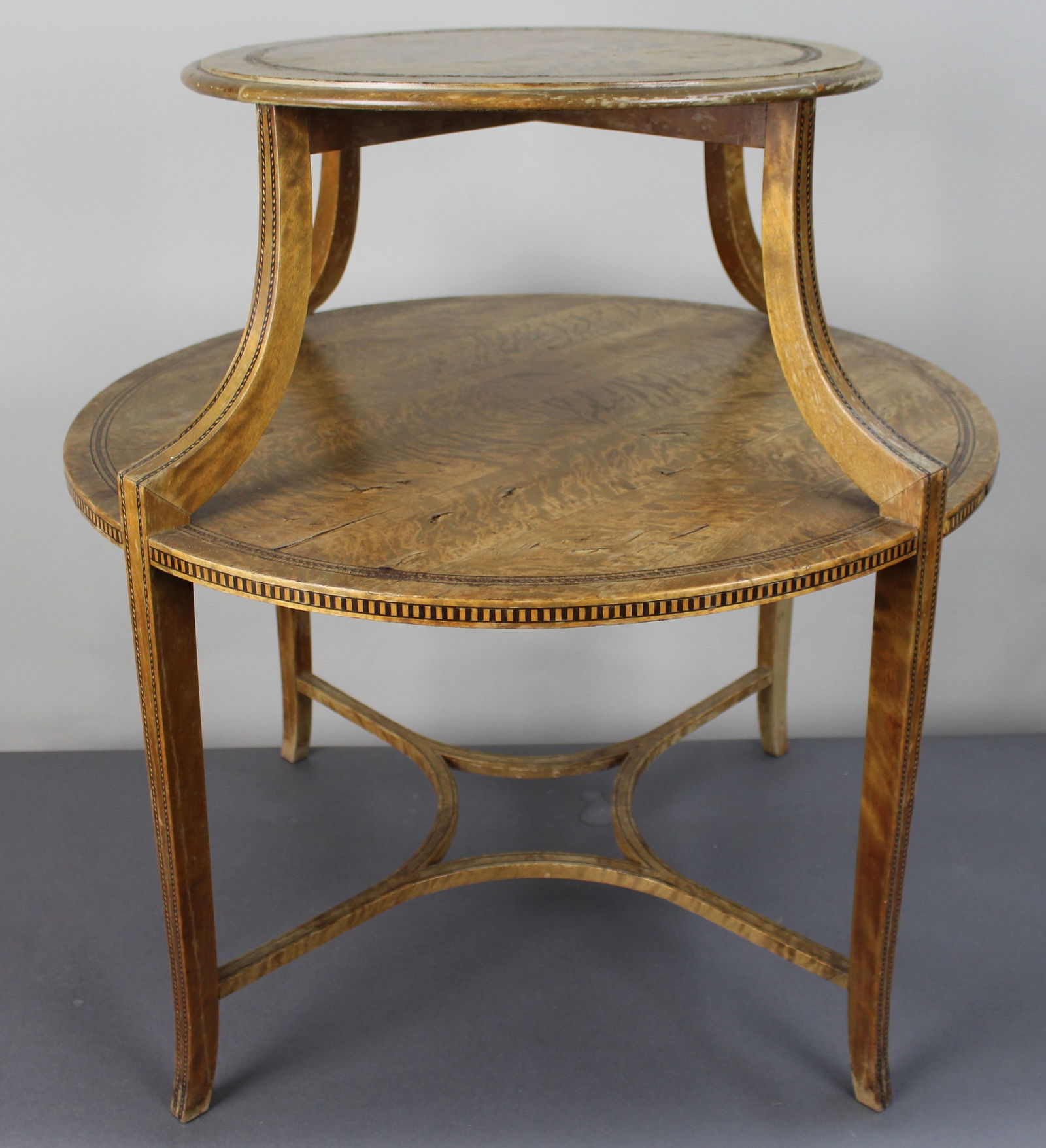 Antique Inlaid Satinwood Two Tier étagère Table: Title: Antique Inlaid Satinwood Two Tier étagère Table Description: Antique Inlaid Satinwood Two Tier étagère Table Measures 67 x 67 x 70 (height) cm Some wear to finish and