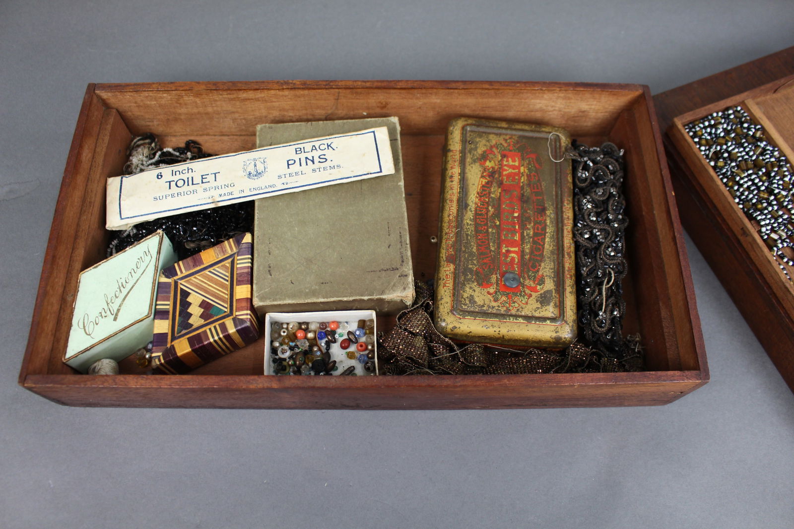 Antique Wooden Sewing Bead Work Box with Contents: Title: Antique Wooden Sewing Bead Work Box with Contents Description: Antique Wooden Sewing Bead Work Box with Contents A rectangular wooden sewing or bead work box with lift-out compartment
