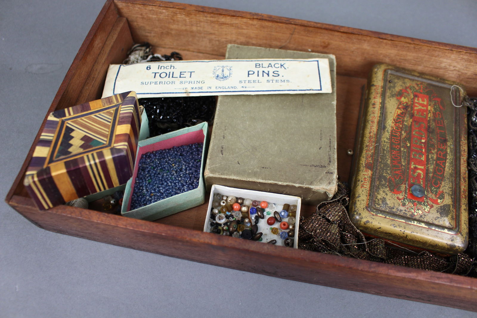 Antique Wooden Sewing Bead Work Box with Contents - 2