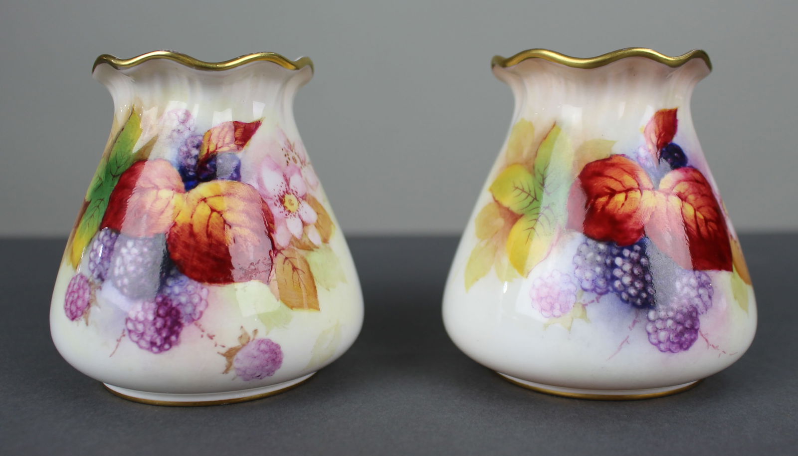 Pair of Royal Worcester Hand Painted Fruit Vases Kitty Blake & M.Miller: Title: Pair of Royal Worcester Hand Painted Fruit Vases Kitty Blake & M.Miller Description: Pair of Royal Worcester Hand Painted Fruit Vases Kitty Blake & M.Miller A pleasing pair of