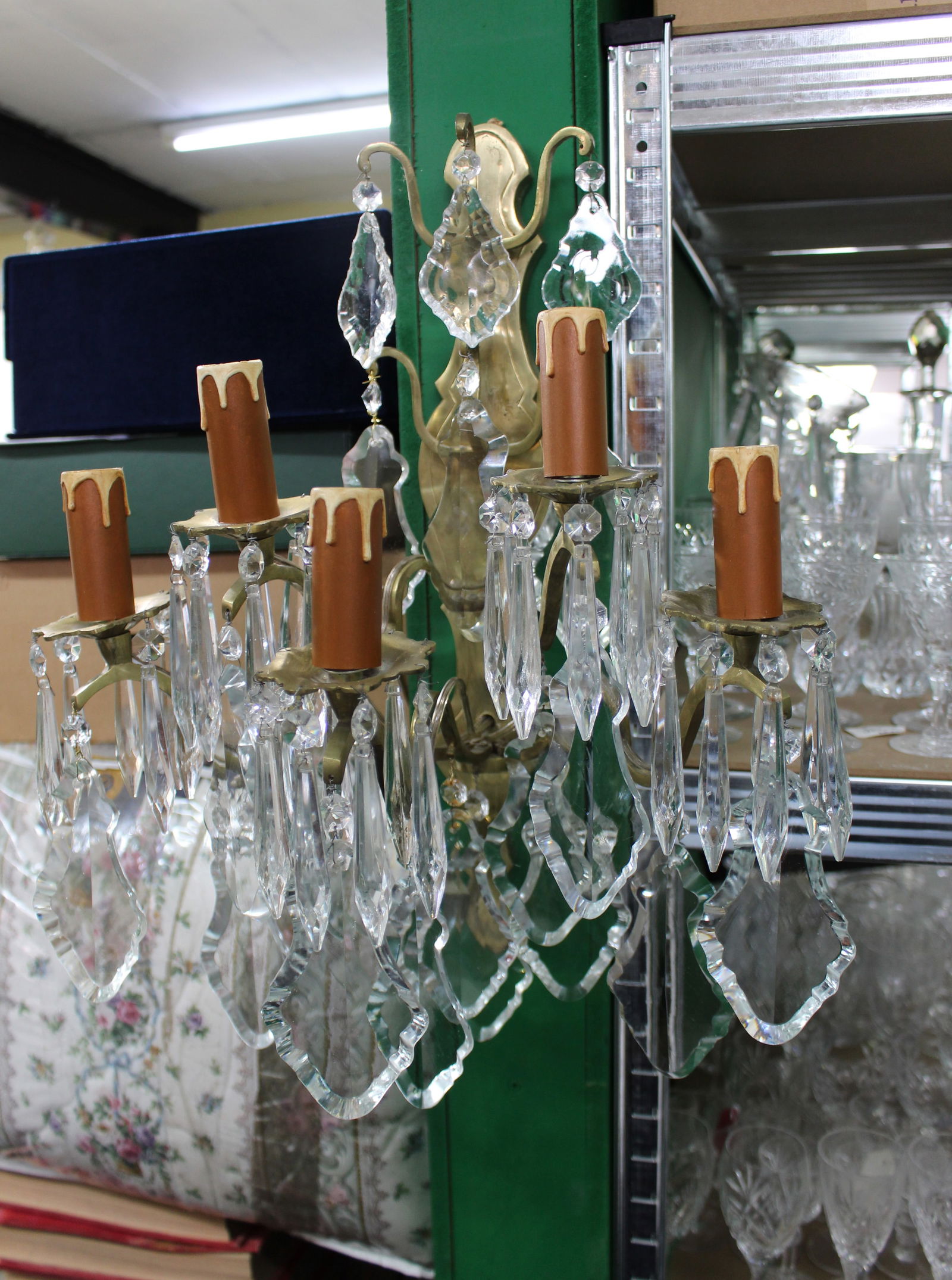 Pair of Louis XV Style French Brass and Fine Cut Crystal Wall Lights: Title: Pair of Louis XV Style French Brass and Fine Cut Crystal Wall Lights Description: Pair of Louis XV Style French Brass and Fine Cut Crystal Wall Lights, Mid-20th Century A highly