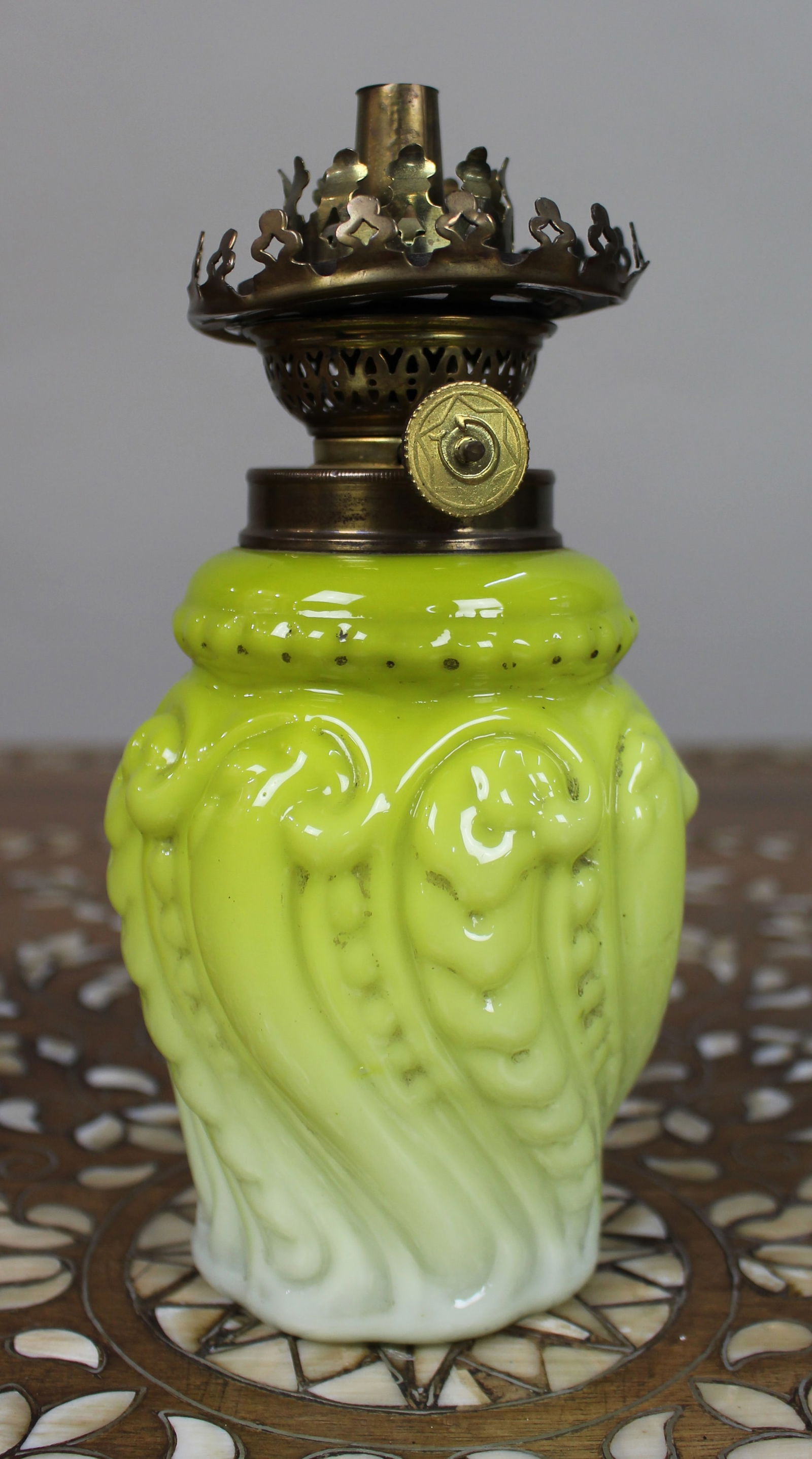 Victorian Yellow Opaline Glass Oil Lamp with Brass Burner: Title: Victorian Yellow Opaline Glass Oil Lamp with Brass Burner Description: Victorian Yellow Opaline Glass Oil Lamp with Brass Burner England, circa 1890 A small Victorian oil lamp with a
