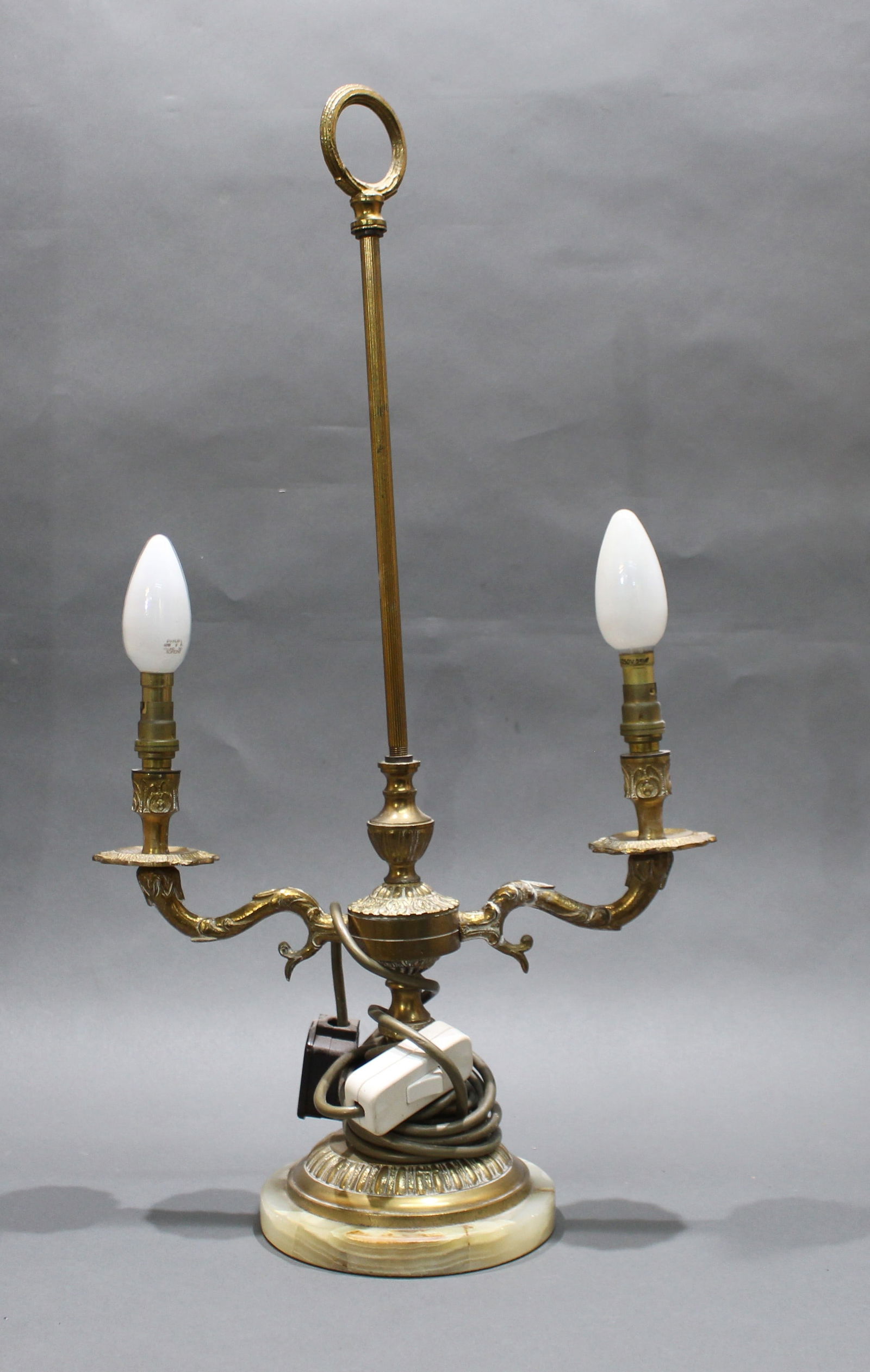 Brass & Onyx Two Light Table Lamp: Title: Brass & Onyx Two Light Table Lamp Description: Brass & Onyx Two Light Table Lamp. Mid/late 20th c. Heavy; brass & onyx. Width: 32 cm. Depth: 14 cm. Height: 57 cm. Working