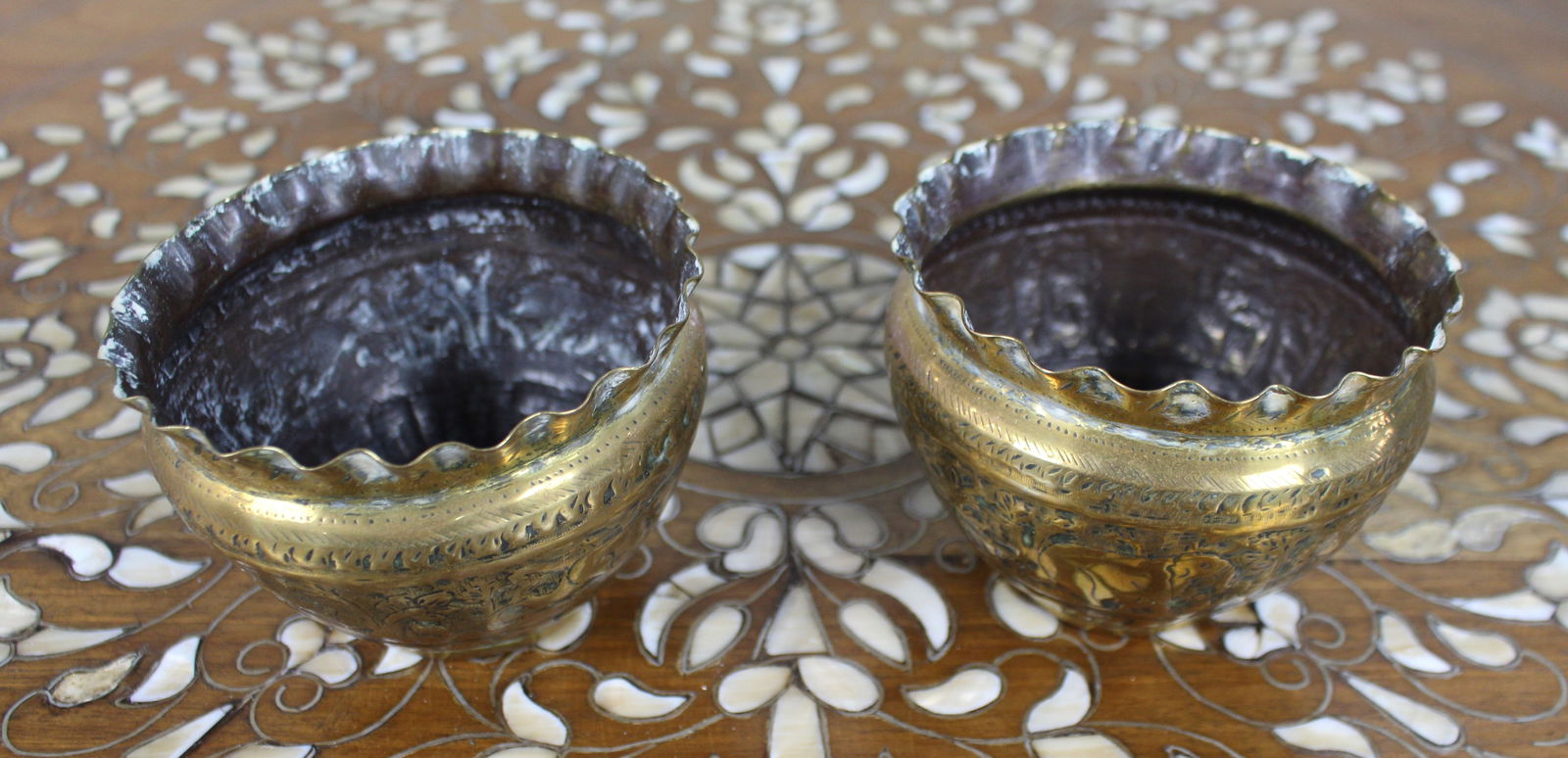 Pair of Hand-Engraved Indian Brass Bowls with Elephant and Deer Decoration - 2